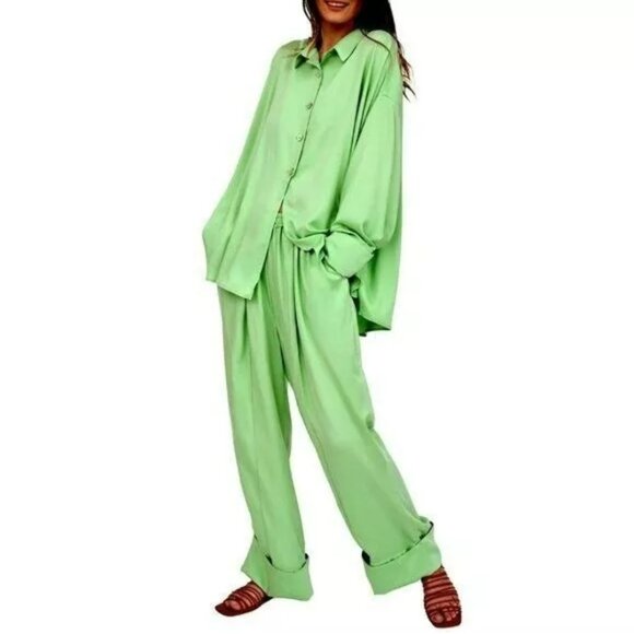 Sleeper wide leg high waist relaxed rayon silky pajama pants Sz 1 pockets - Picture 1 of 11